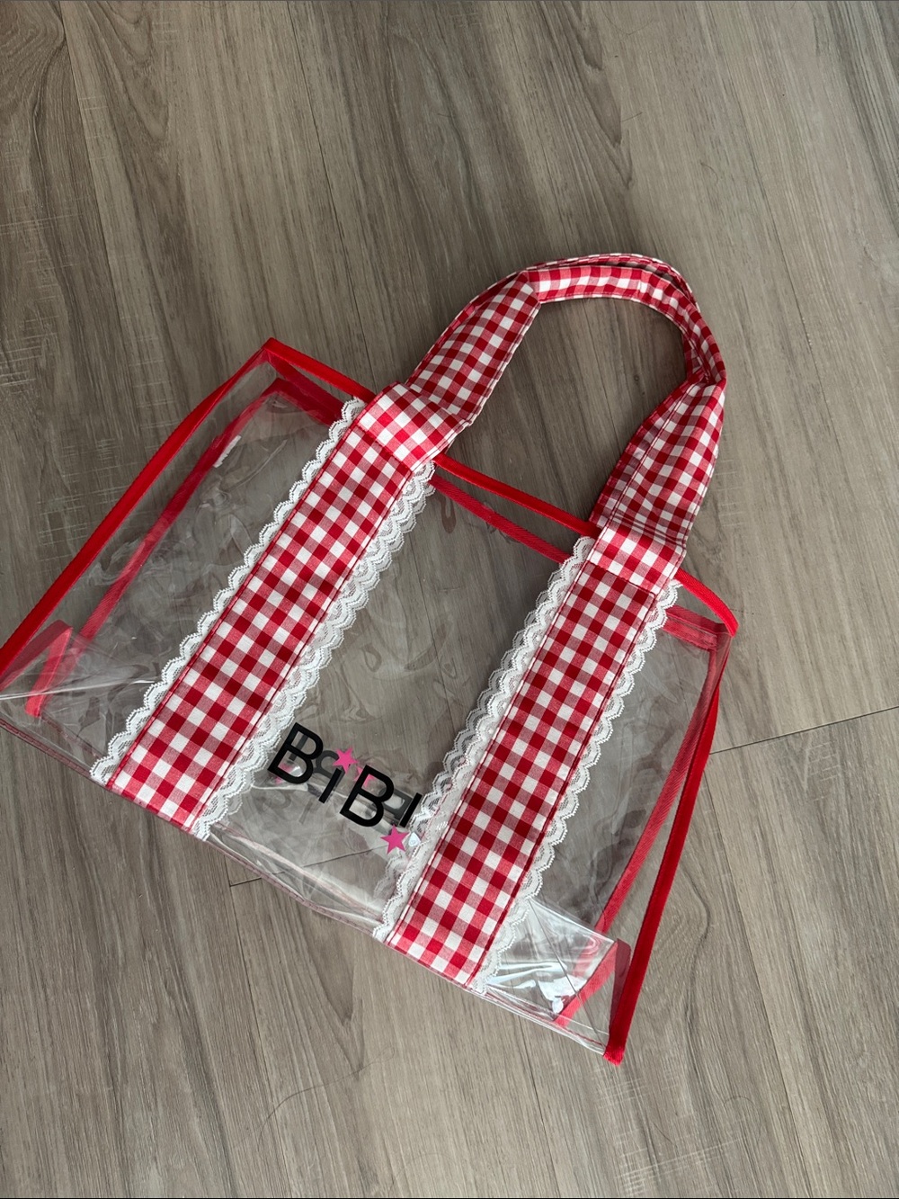 BiBi Clear Tote with Red Gingham Trim and Lace